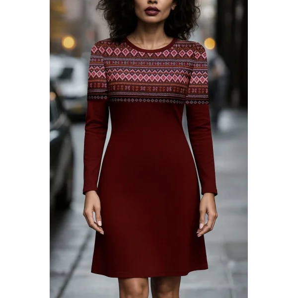 Kadın Uzun Kollu Bisiklet Yaka Etnik Desenli Kısa şardonlu Dalgıç Elbise