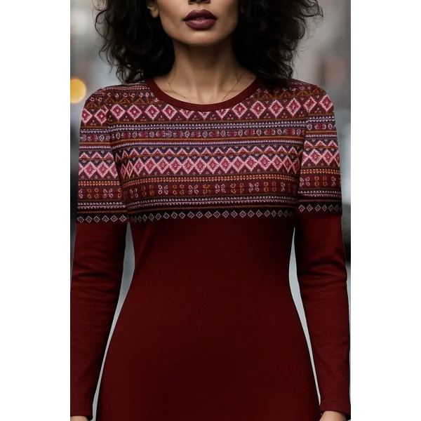 Kadın Uzun Kollu Bisiklet Yaka Etnik Desenli Kısa şardonlu Dalgıç Elbise