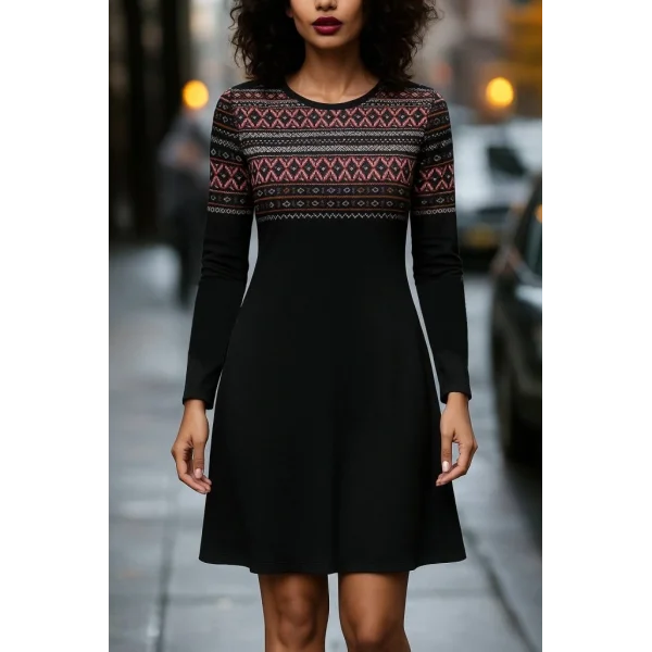Kadın Uzun Kollu Bisiklet Yaka Etnik Desenli Kısa şardonlu Dalgıç Elbise