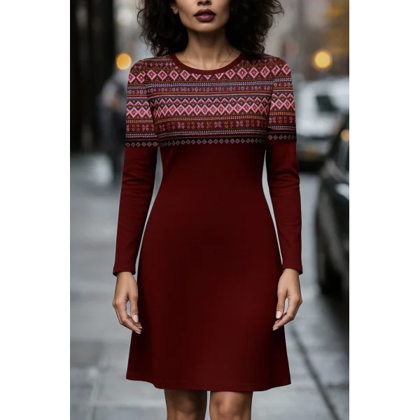 Kadın Uzun Kollu Bisiklet Yaka Etnik Desenli Kısa şardonlu Dalgıç Elbise