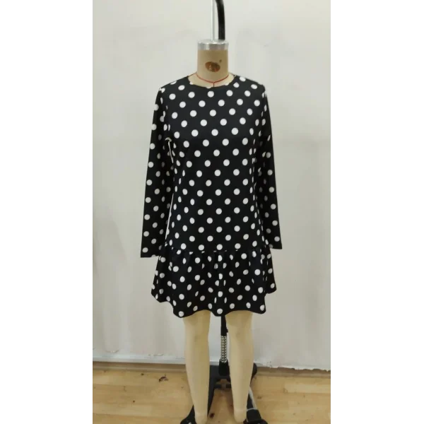 Kadın Uzun Kollu Bisiklet Yaka Fırfırlı Puantiyeli Kısa Modal Elbise