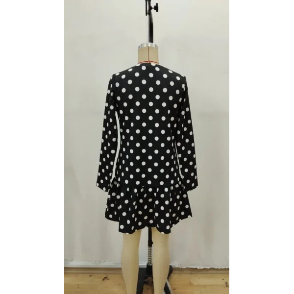 Kadın Uzun Kollu Bisiklet Yaka Fırfırlı Puantiyeli Kısa Modal Elbise