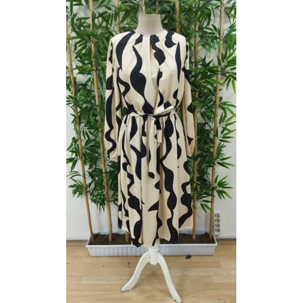 Kadın Uzun Kollu Bisiklet Yaka Geometrik Desenli Midi Dalgıç Elbise