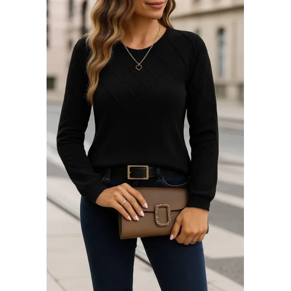 Kadın Uzun Kollu Bisiklet Yaka Geometrik Desenli Triko Bluz