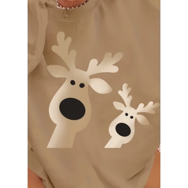 Kadın Uzun Kollu Bisiklet Yaka Geyik Desenli Viskon Iki Iplik Bluz