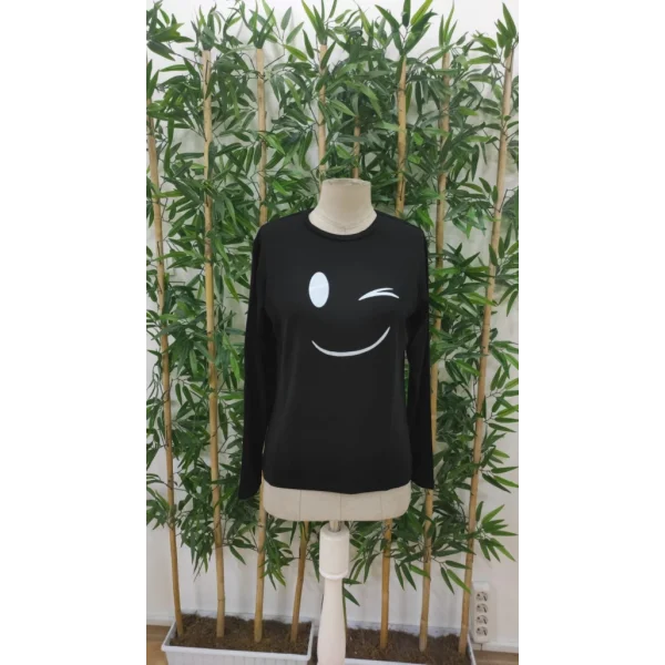 Kadın Uzun Kollu Bisiklet Yaka Gülen Yüz Desenli Viskon Bluz