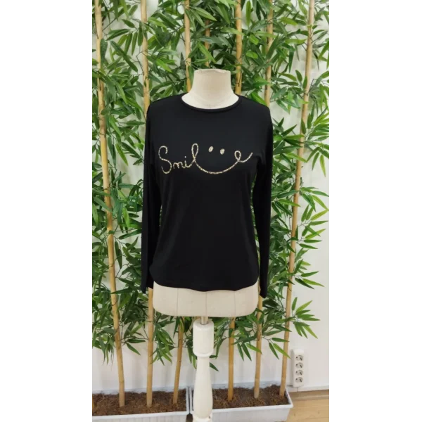 Kadın Uzun Kollu Bisiklet Yaka Gülümseyen Surat Desenli Viskon Bluz