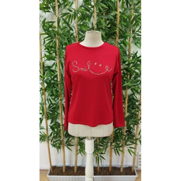 Kadın Uzun Kollu Bisiklet Yaka Gülümseyen Surat Desenli Viskon Bluz