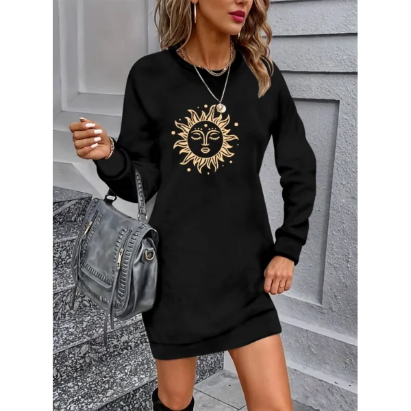 Kadın Uzun Kollu Bisiklet Yaka Güneş Desenli Viskon Iki Iplik Elbise