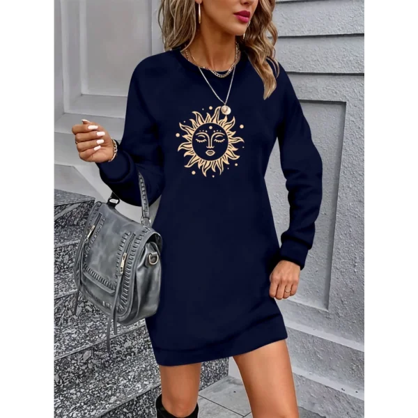 Kadın Uzun Kollu Bisiklet Yaka Güneş Desenli Viskon Iki Iplik Elbise