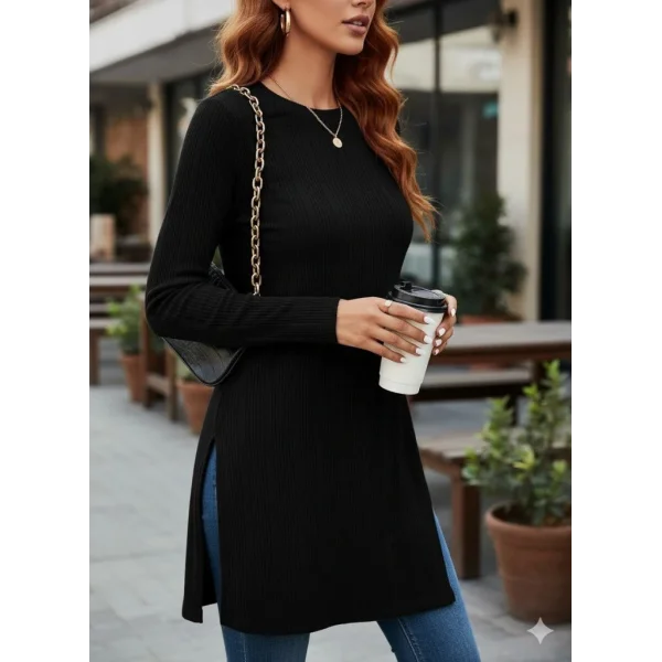 Kadın Uzun Kollu Bisiklet Yaka Iki Yandan Yırtmaç Detay Triko Bluz