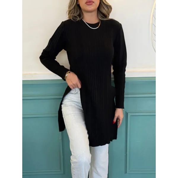 Kadın Uzun Kollu Bisiklet Yaka Iki Yandan Yırtmaç Detay Triko Bluz