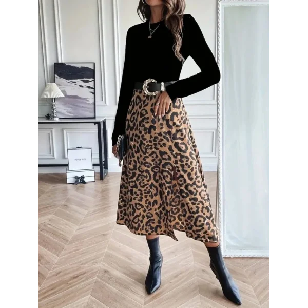 Kadın Uzun Kollu Bisiklet Yaka Ithal Krep Bluz Alt Desenli Modal Midi Elbise