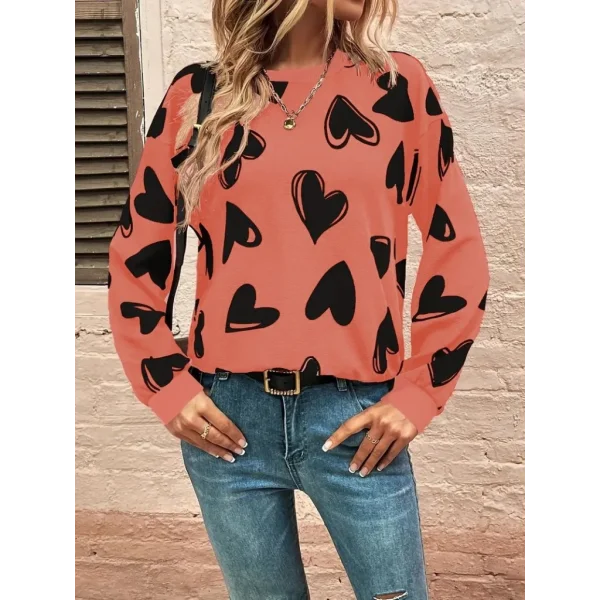 Kadın Uzun Kollu Bisiklet Yaka Kalp Desenli Iki Iplik Bluz