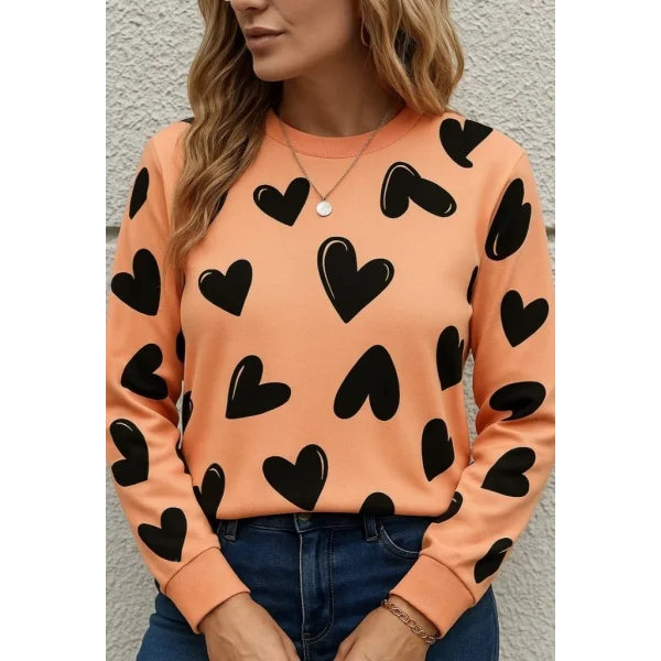 Kadın Uzun Kollu Bisiklet Yaka Kalp Desenli Iki Iplik Bluz