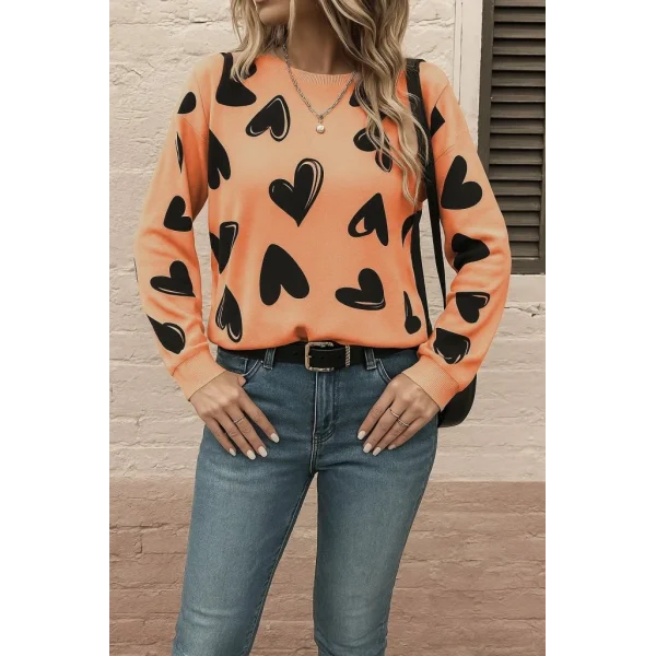 Kadın Uzun Kollu Bisiklet Yaka Kalp Desenli Iki Iplik Bluz