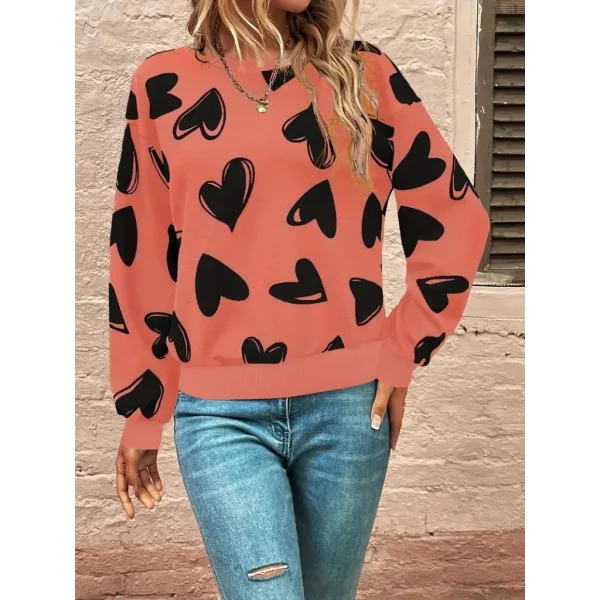 Kadın Uzun Kollu Bisiklet Yaka Kalp Desenli Iki Iplik Bluz