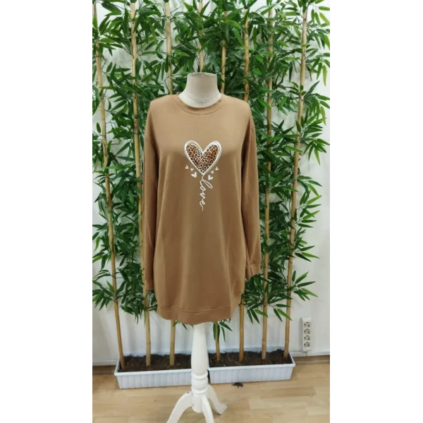 Kadın Uzun Kollu Bisiklet Yaka Kalp Desenli Kısa Viskon Elbise