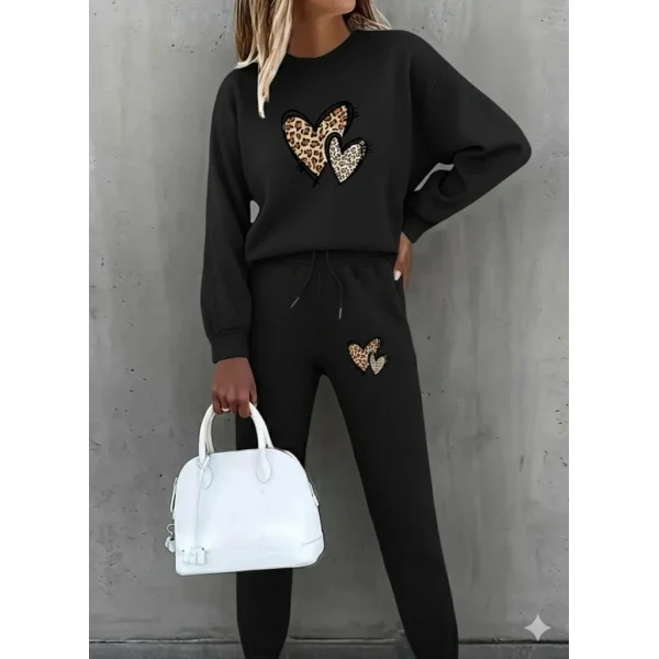 Kadın Uzun Kollu Bisiklet Yaka Kalp Desenli şardonlu üç Iplik Bluz Ve Pantolon Ikili Takım