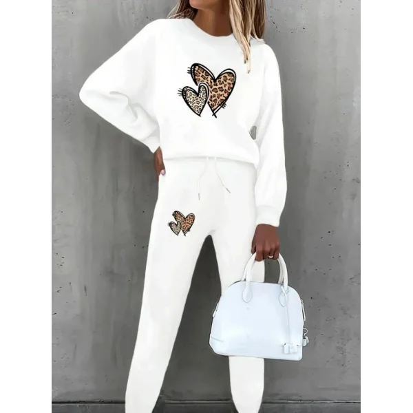 Kadın Uzun Kollu Bisiklet Yaka Kalp Desenli şardonlu üç Iplik Bluz Ve Pantolon Ikili Takım