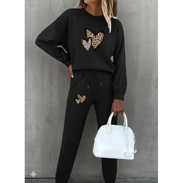 Kadın Uzun Kollu Bisiklet Yaka Kalp Desenli şardonlu üç Iplik Bluz Ve Pantolon Ikili Takım