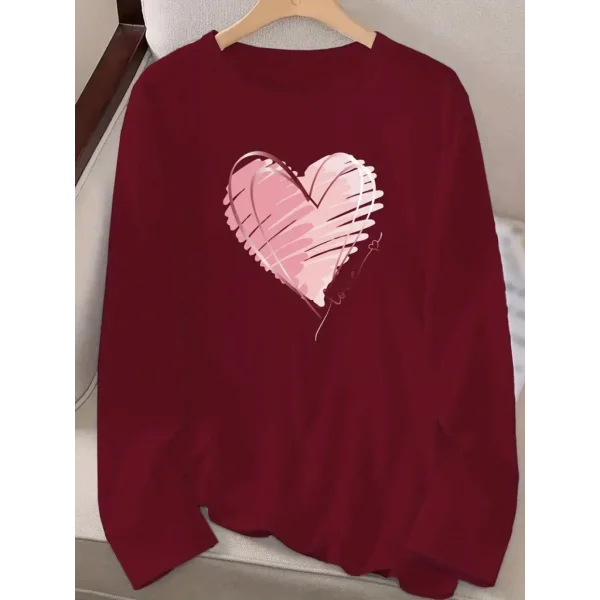 Kadın Uzun Kollu Bisiklet Yaka Kalp Desenli Viskon Bluz