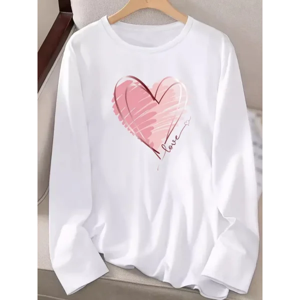 Kadın Uzun Kollu Bisiklet Yaka Kalp Desenli Viskon Bluz