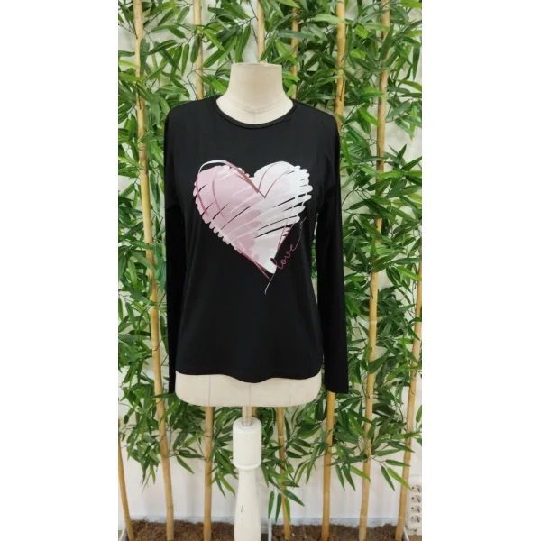 Kadın Uzun Kollu Bisiklet Yaka Kalp Desenli Viskon Bluz