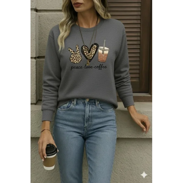 Kadın Uzun Kollu Bisiklet Yaka Kalp Desenli Viskon Iki Iplik Bluz