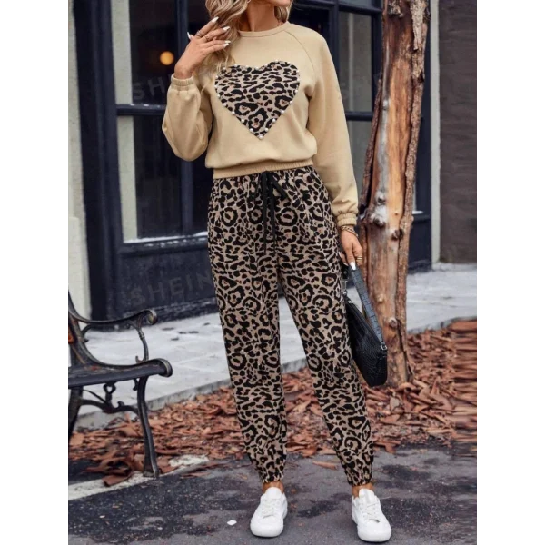 Kadın Uzun Kollu Bisiklet Yaka Kalp Leopar Baskılı Alt Ve üst Dalgıç Ikili Takım