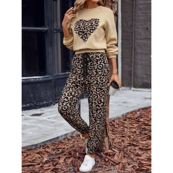 Kadın Uzun Kollu Bisiklet Yaka Kalp Leopar Baskılı Alt Ve üst Dalgıç Ikili Takım