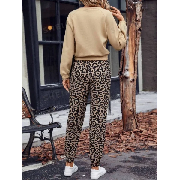 Kadın Uzun Kollu Bisiklet Yaka Kalp Leopar Baskılı Alt Ve üst Dalgıç Ikili Takım