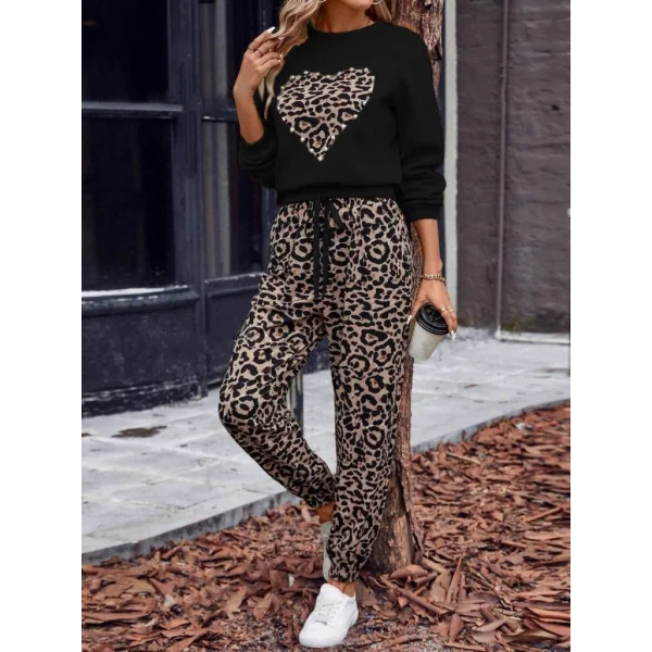 Kadın Uzun Kollu Bisiklet Yaka Kalp Leopar Baskılı Alt Ve üst Dalgıç Ikili Takım BEJ