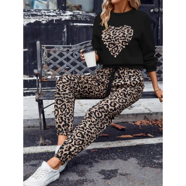 Kadın Uzun Kollu Bisiklet Yaka Kalp Leopar Baskılı Alt Ve üst Dalgıç Ikili Takım BEJ
