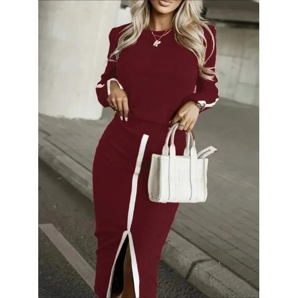 Kadın Uzun Kollu Bisiklet Yaka Kaşkorse Bluz Ve Yırtmaçlı Etek Ikili Takım