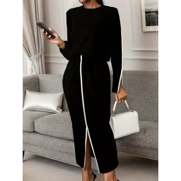 Kadın Uzun Kollu Bisiklet Yaka Kaşkorse Bluz Ve Yırtmaçlı Etek Ikili Takım