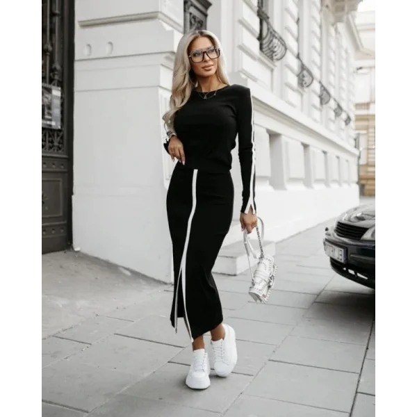 Kadın Uzun Kollu Bisiklet Yaka Kaşkorse Bluz Ve Yırtmaçlı Etek Ikili Takım