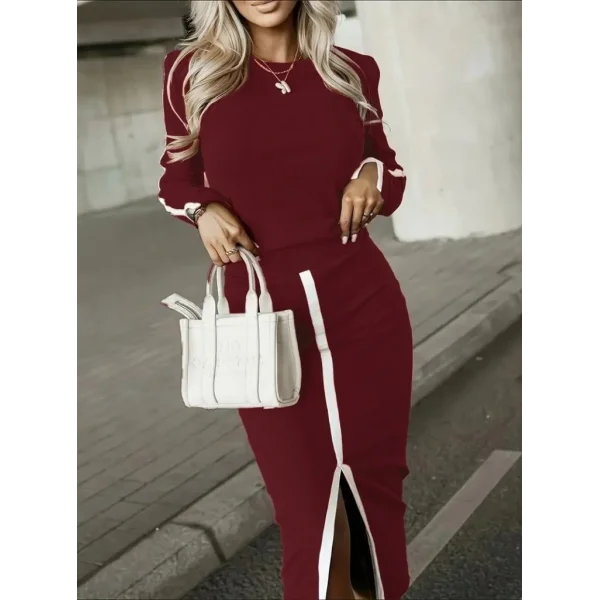 Kadın Uzun Kollu Bisiklet Yaka Kaşkorse Bluz Ve Yırtmaçlı Etek Ikili Takım