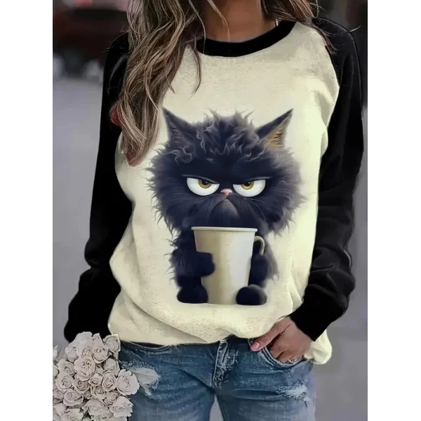 Kadın Uzun Kollu Bisiklet Yaka Kedi Baskılı şardonlu Dalgıç Bluz