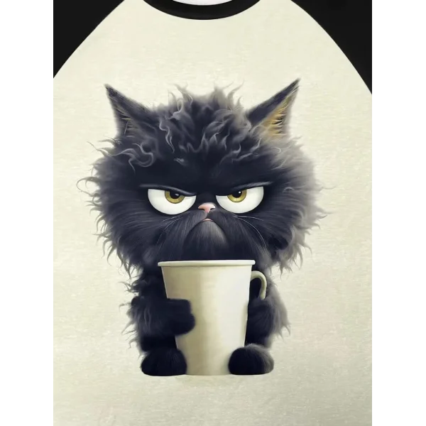 Kadın Uzun Kollu Bisiklet Yaka Kedi Baskılı şardonlu Dalgıç Bluz