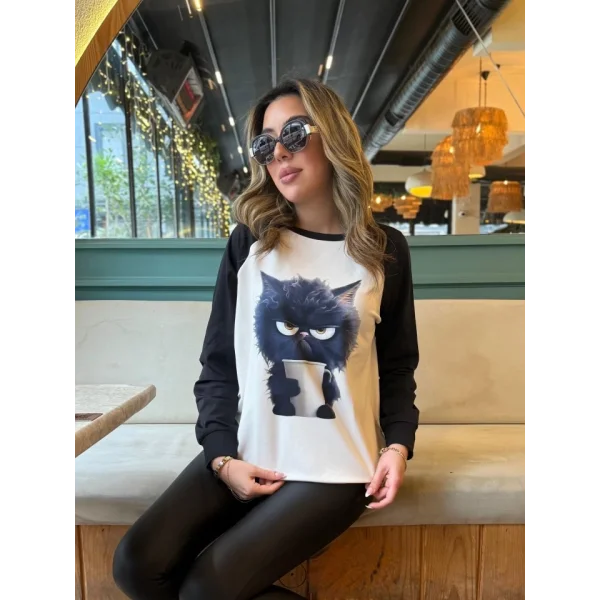 Kadın Uzun Kollu Bisiklet Yaka Kedi Baskılı şardonlu Dalgıç Bluz