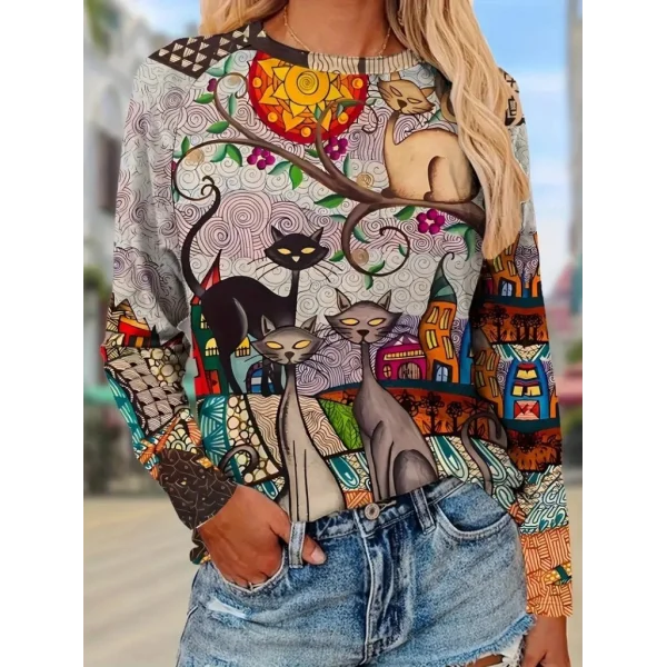 Kadın Uzun Kollu Bisiklet Yaka Kedi Baskılı Süprem Bluz