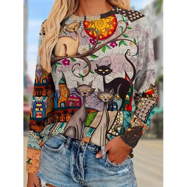 Kadın Uzun Kollu Bisiklet Yaka Kedi Baskılı Süprem Bluz