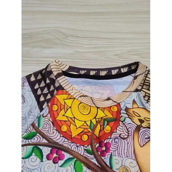 Kadın Uzun Kollu Bisiklet Yaka Kedi Baskılı Süprem Bluz