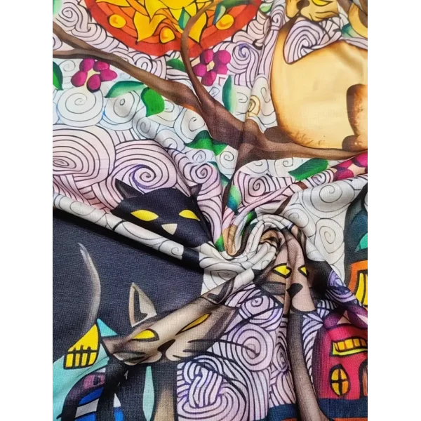 Kadın Uzun Kollu Bisiklet Yaka Kedi Baskılı Süprem Bluz