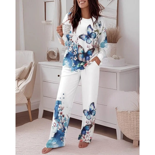 Kadın Uzun Kollu Bisiklet Yaka Kelebek Desenli Iki Iplik Alt üst Takım