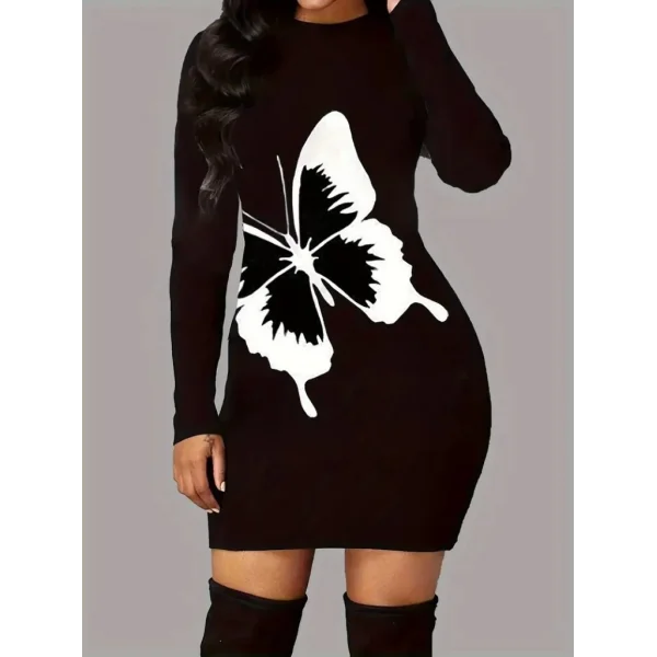 Kadın Uzun Kollu Bisiklet Yaka Kelebek Desenli Kısa Viskon Iki Iplik Elbise