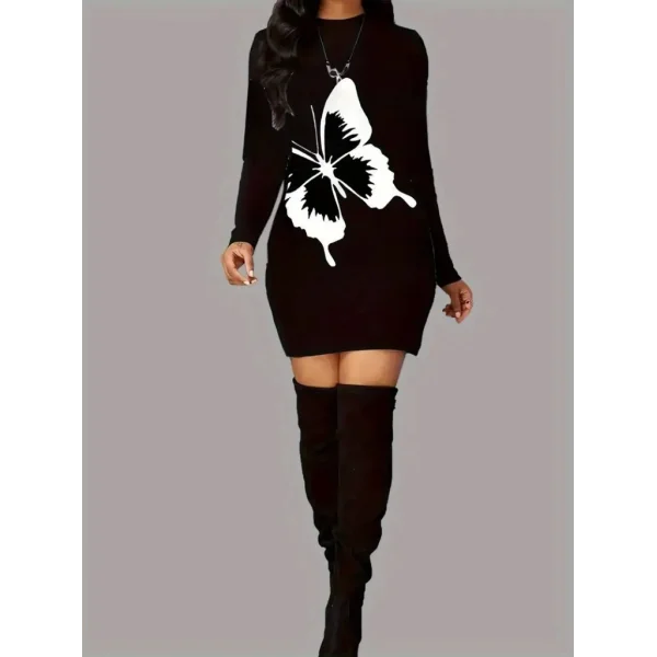 Kadın Uzun Kollu Bisiklet Yaka Kelebek Desenli Kısa Viskon Iki Iplik Elbise