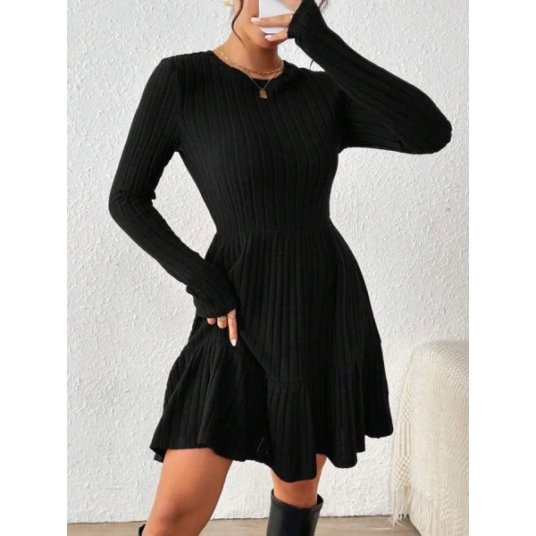 Kadın Uzun Kollu Bisiklet Yaka Kemersiz Eteği Pileli şardonlu Kaşkorse Elbise