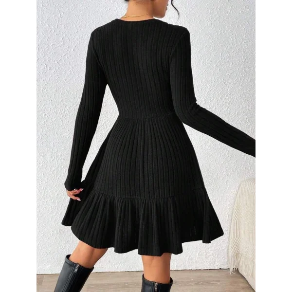 Kadın Uzun Kollu Bisiklet Yaka Kemersiz Eteği Pileli şardonlu Kaşkorse Elbise